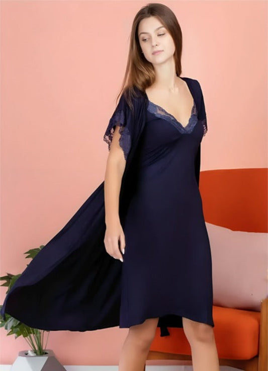 Dress and robe for women, 2 pieces, code 7029, navy 